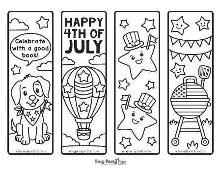 A black-and-white coloring page featuring four Independence Day bookmarks with a puppy, a hot air balloon, stars, and a flag-patterned barbecue grill.