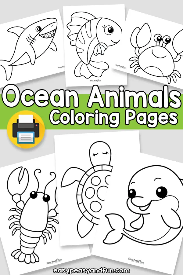 A collage of six different ocean-themed coloring pages, including a shark, fish, crab, lobster, sea turtle, and dolphin, arranged around a central "Ocean Animals Coloring Pages" title.