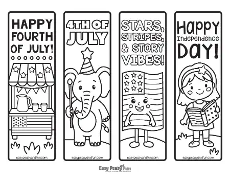 A printable coloring sheet with four patriotic bookmarks featuring a lemonade stand, a festive elephant, a cartoon American flag character, and a girl reading a book.