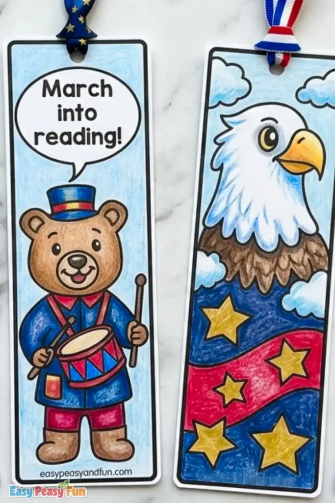Two hand-colored 4th of July bookmarks with ribbons, one showing a cartoon drumming bear and the other a bald eagle.