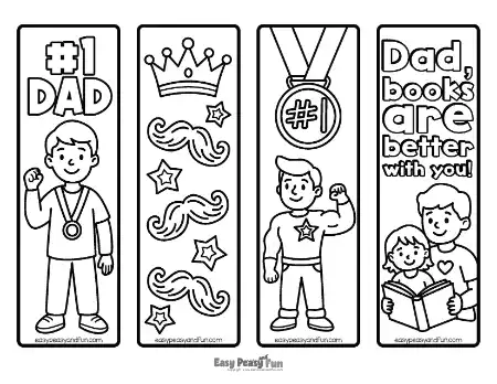 Four black and white Father's Day bookmarks to color featuring a #1 Dad with medal, crown with mustaches and stars, dad with #1 medal, and dad and child reading "Dad Books Are Better With You".