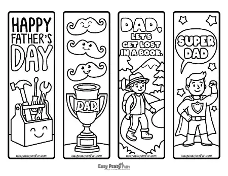 Four black and white Father's Day bookmarks to color featuring a Happy Father's Day toolbox, smiley mustaches with DAD trophy, hiking dad "Let's Get Lost In A Book", and a caped Super Dad.