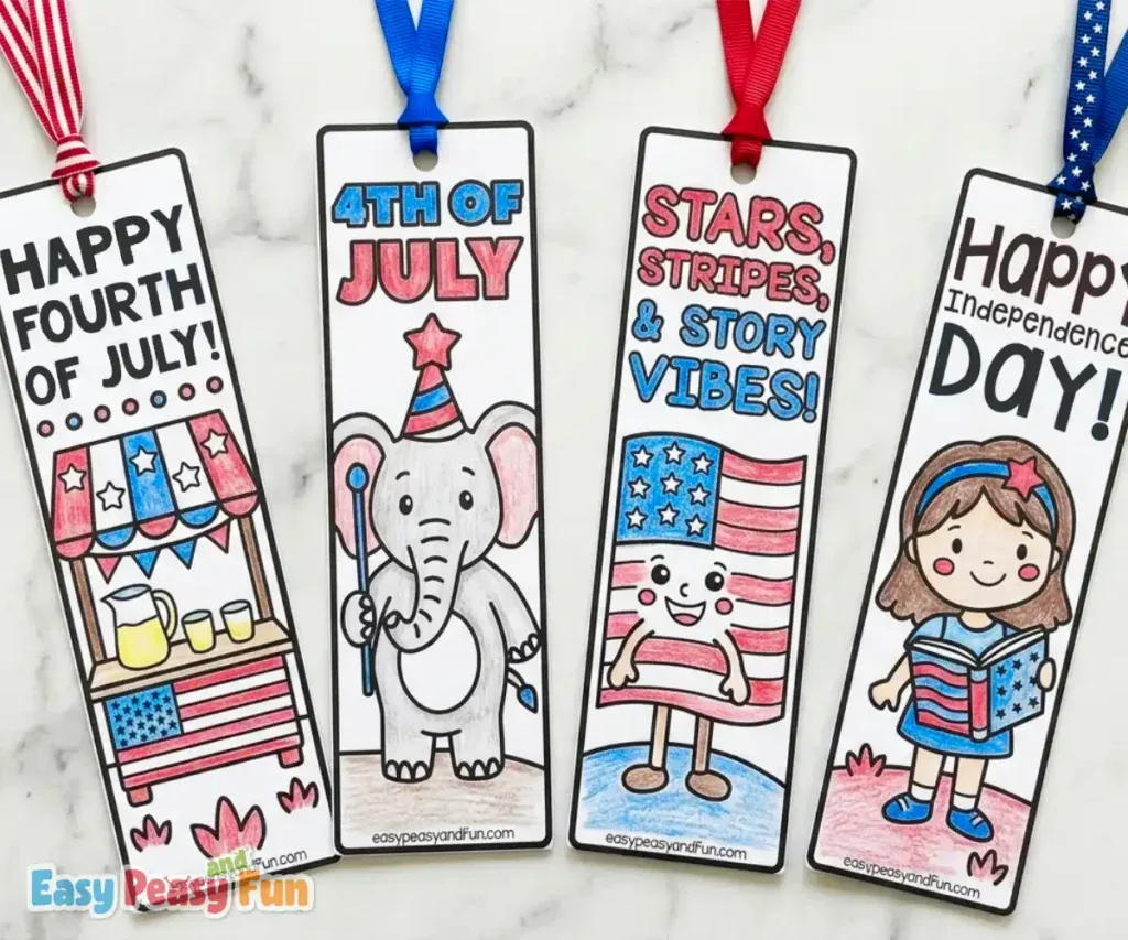 Four completed 4th of July bookmarks featuring a patriotic lemonade stand, a festive elephant, a smiling flag character, and a girl reading a book.