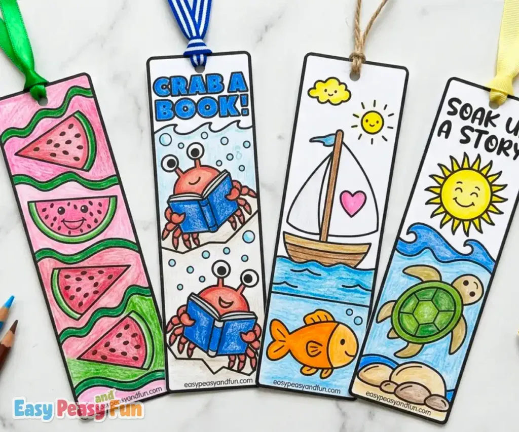 Four colored summer bookmarks for kids.