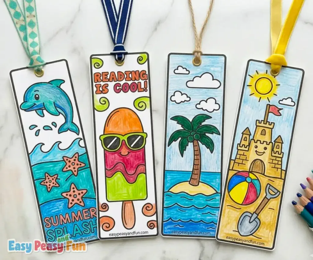 Summer bookmarks featuring a dolphin, a popsicle, a palm tree on an island, and a sandcastle beach scene.