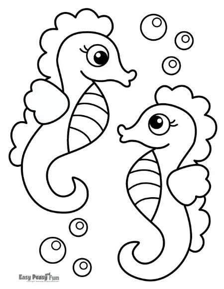 Two cute seahorses facing each other, each with a curled tail, large eyes, and several bubbles floating nearby.