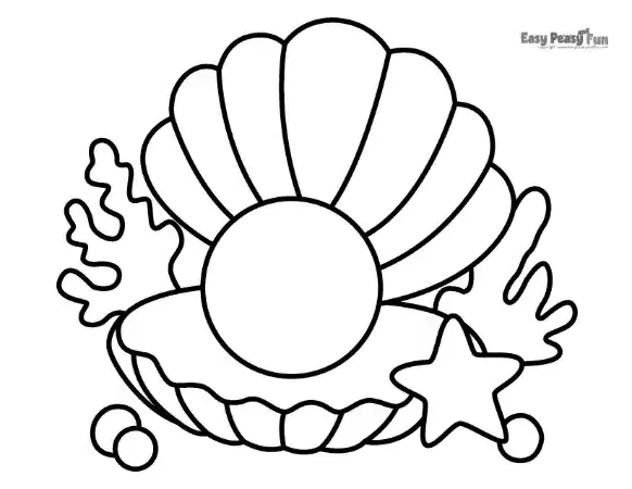 A large, simple clam with a pearl inside, accompanied by a smaller starfish and small pieces of coral, perfect for young children to color.