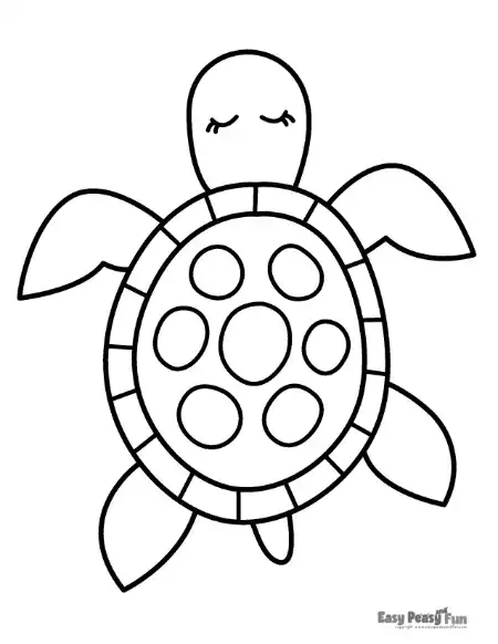 A sea turtle depicted from above with its eyes closed, featuring a shell with spots that are easy to color.