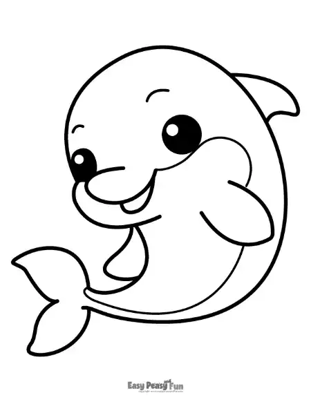 A happy, leaping dolphin with a smooth, curved body and a wide, friendly smile.