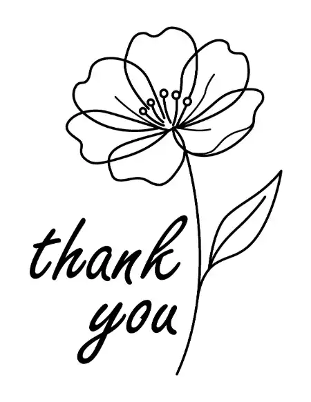 A printable thank you card featuring black and white minimalist line art of a single flower alongside the words "thank you."