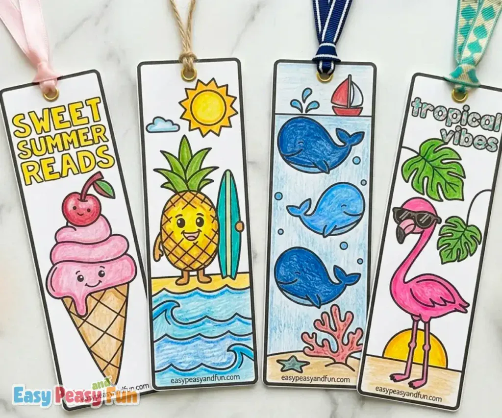 Summer bookmarks for kids featuring fun summer puns, ice cream, pineapple with a surf, whales, and a flamingo.