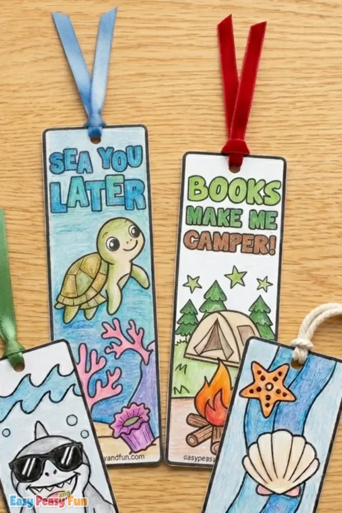 A collection of summer bookmarks colored by kids, featuring a turtle, camping site, a shark, shells and starfish.
