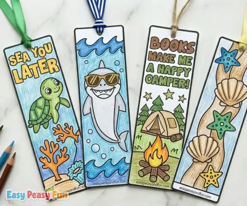 Summer bookmarks featuring fun summer puns, camping site, and ocean animals.