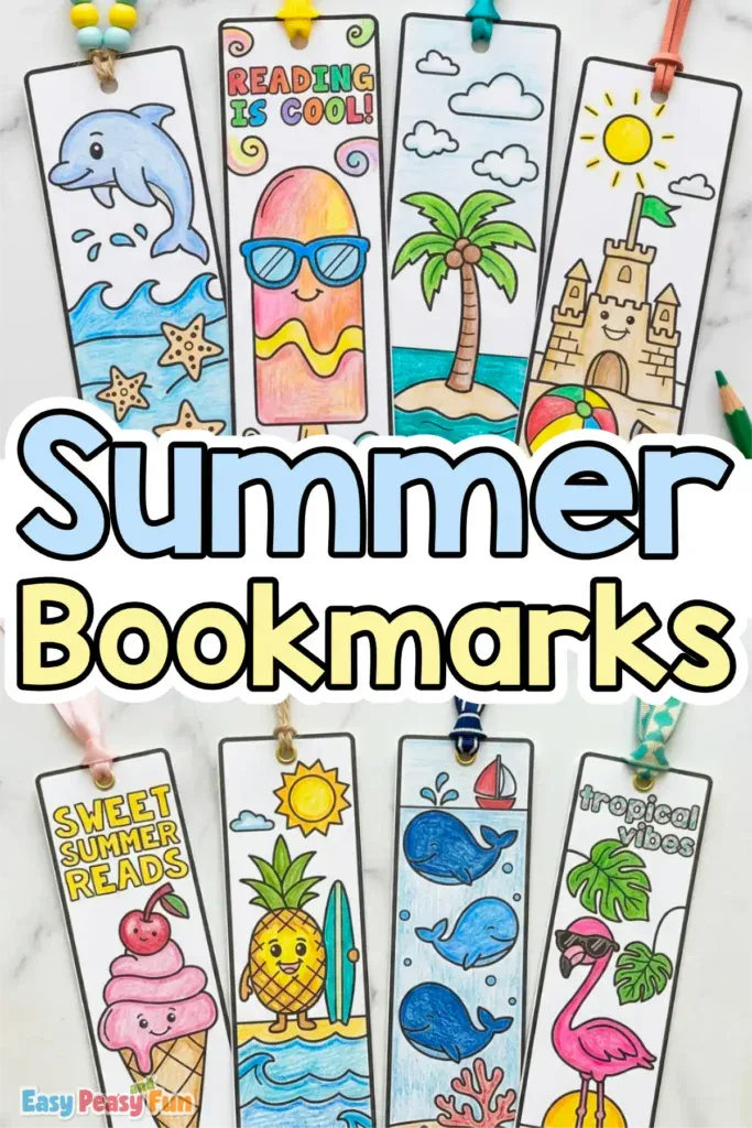 Printable summer bookmarks for kids featuring a collection of easy designs to color.