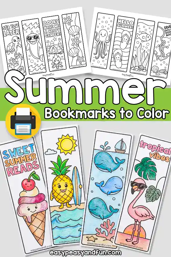 Printable summer bookmarks set for kids to color.