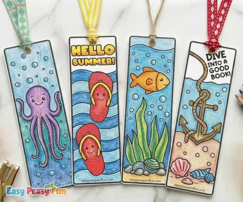 Summer bookmarks for kids featuring an octopus, flip-flops, sea world with a fish and algae, and an anchor.