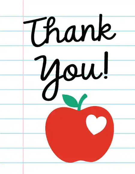 A printable teacher appreciation card featuring the text "Thank You!" over a lined notebook paper background, accompanied by a red apple illustration with a heart-shaped cutout.