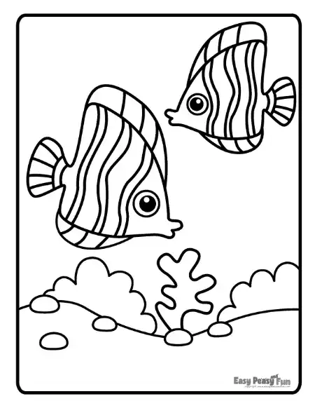 Two tropical fish swimming near a small coral reef, with simple background shapes.