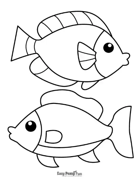 Two different fish swimming in a pair, featuring clean lines and friendly, large-eyed expressions.