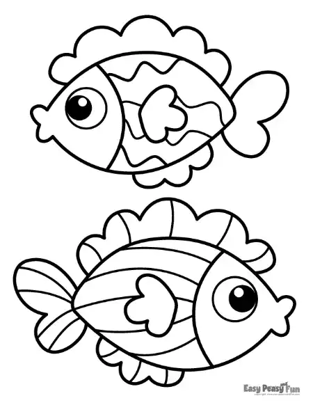 Two tropical fish with patterned scales, each with a different fin style and a playful, round shape.