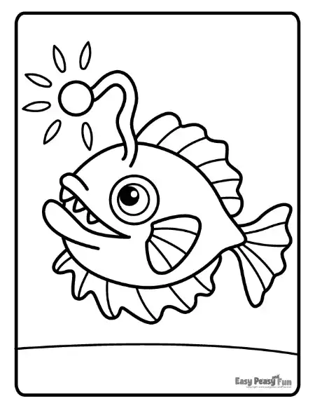 A friendly-looking anglerfish with a light-up lure on its head, drawn with simple, bold lines.