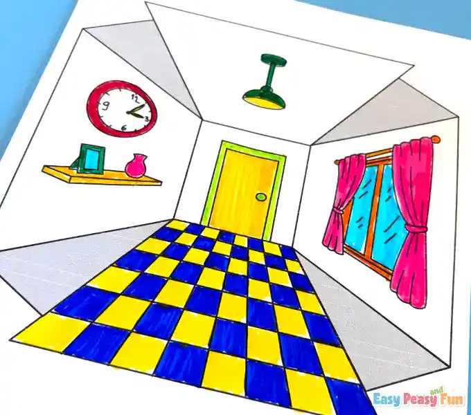A fully decorated and colored scene showing vibrant patterns and details.