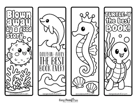 Four vertical bookmark templates showcasing a pufferfish, a dolphin, a seahorse with a crown, and a sea turtle, decorated with corals and shells.