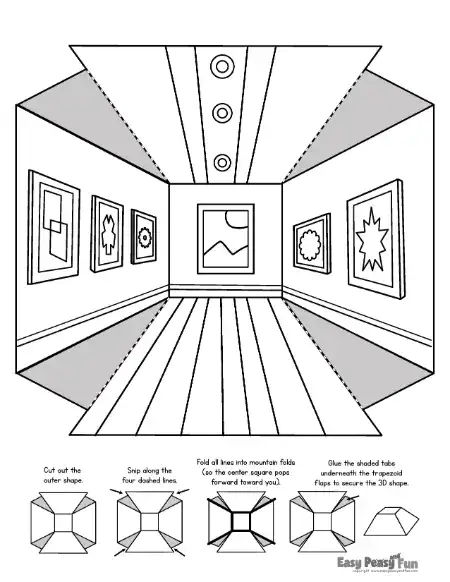 Outline of an art gallery room with framed pictures on the walls and folding instructions at the bottom.