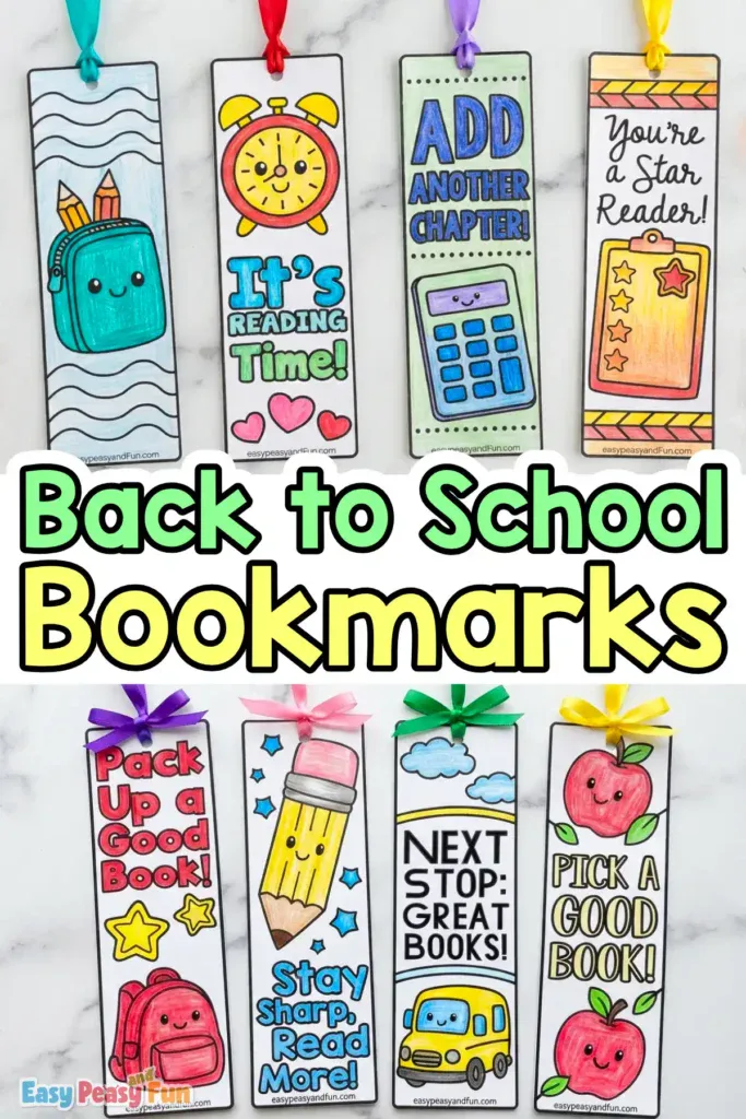 Two rows of colorful, finished back-to-school paper bookmarks with ribbons and bold text in the center.