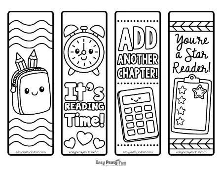 Four bookmarks for kids featuring a wavy-patterned pencil case, alarm clock, calculator, and a star-rated clipboard.