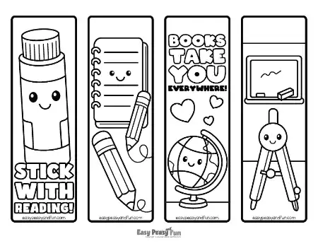 Four back to school bookmarks including a glue stick, spiral notebook with pencil, smiling globe with hearts, and a compass near a chalkboard.