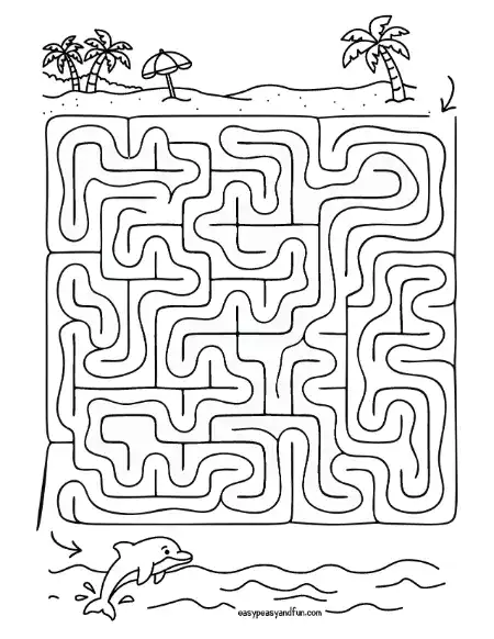 Square grid maze with palm trees and a beach umbrella at the top and a jumping dolphin at the bottom.