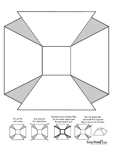 A blank template for a 3D room with dashed fold lines and glue tabs, plus folding instructions at the bottom.