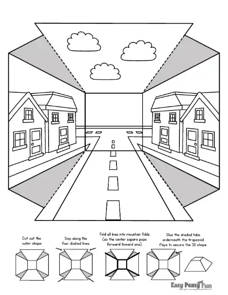 Outline of a street scene with houses on both sides and clouds above, plus folding instructions at the bottom.