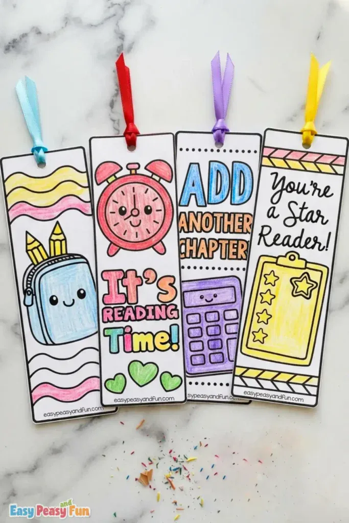 Four back-to-school bookmarks featuring a pencil pouch with pencils, a red alarm clock, a calculator, and a star-rating clipboard.