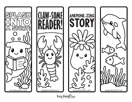 Four vertical coloring bookmarks featuring a hammerhead shark reading a book, a clawed crab, a friendly sea anemone, and an orca whale, all in line-art style.