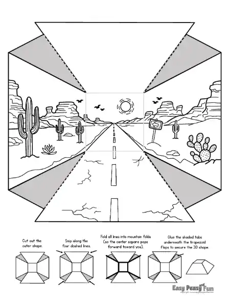 Outline of a desert highway scene with cacti and a road sign, plus folding instructions at the bottom.