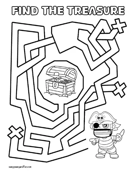 Angular hexagon-style maze with a treasure chest at the center and a pirate character standing at the bottom.