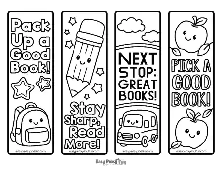 Four tall bookmarks featuring backpack with stars, pencil with stars, school bus under clouds, and smiling apples.