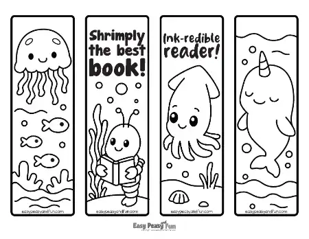 Four vertical coloring bookmark designs displaying a jellyfish, a shrimp holding a book, a small squid, and a narwhal, with playful ocean puns.