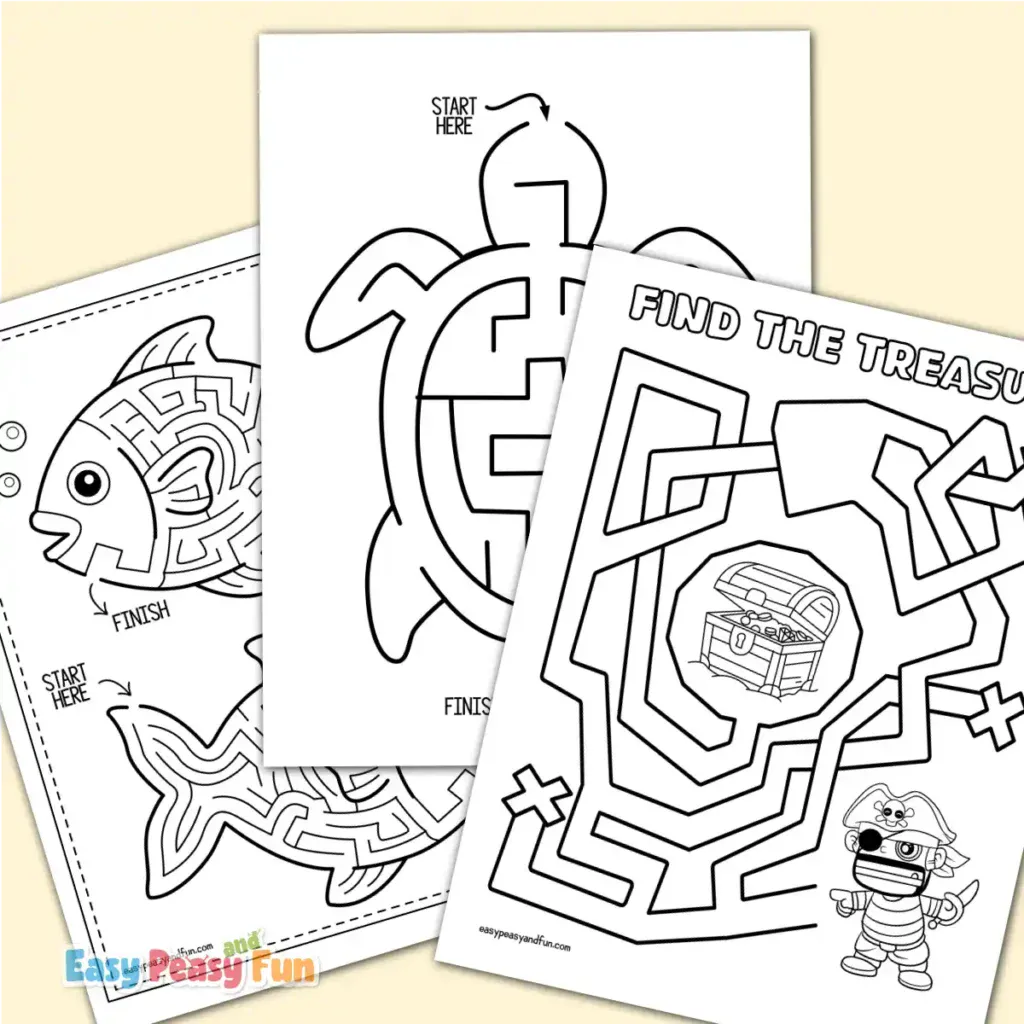 Three maze pages: two fish mazes, a turtle maze, and a pirate treasure maze.