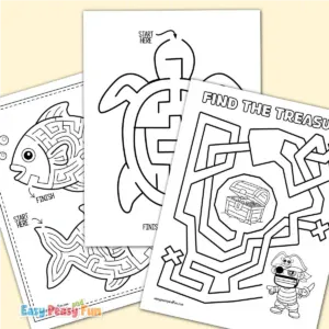 Three maze pages: two fish mazes, a turtle maze, and a pirate treasure maze.