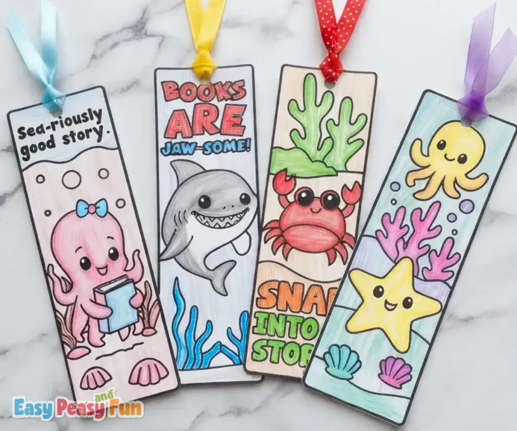 Four colored bookmarks featuring an octopus, shark, crab, and starfish with ribbon tops.