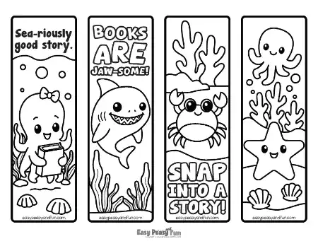 Four vertical black-and-white coloring strips featuring an octopus holding a book, a shark, a crab, and a starfish, all with aquatic-themed text captions.