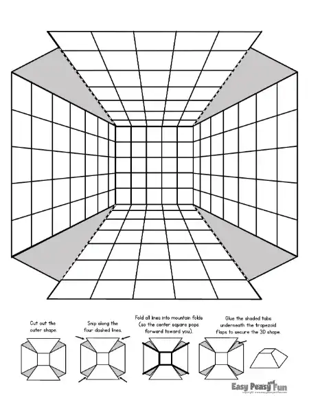 Outline of an empty room interior covered in a geometric grid pattern with folding instructions at the bottom.