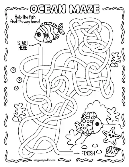 Squiggly line maze with a fish at the start, coral and bubbles along the wavy border, ending at two fish and a starfish near a shell.