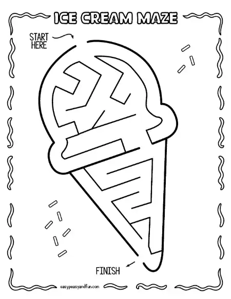 Ice cream cone shaped maze with sprinkles scattered around, wavy scalloped border, start arrow at top and finish at the bottom point.