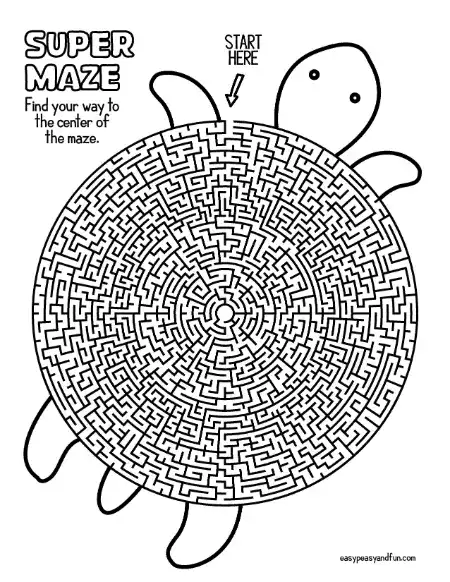 Large circular maze shaped like a turtle shell with a start arrow at the top, instructing kids to reach the center.