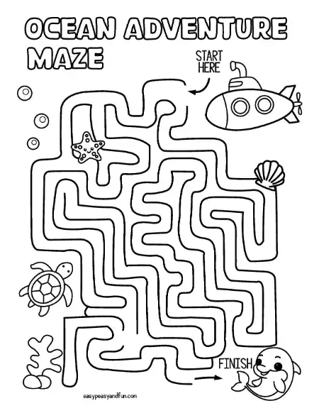 Underwater maze with a submarine at the start, path passing a starfish, seashell, coral, and turtle, ending at a seal holding a fish.