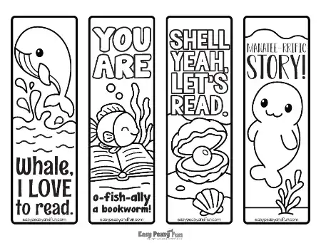 Four vertical black-and-white strips depicting a jumping whale, a fish reading a book, an oyster with a pearl, and a manatee, each with unique text.